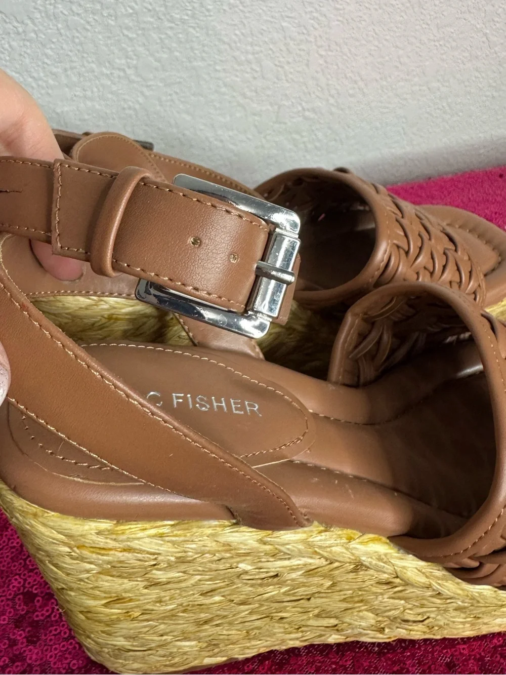 MARCH FISHER 🤎 Tan Woven Leather Espadrille Wedge Sandals (Women’s 8.5)